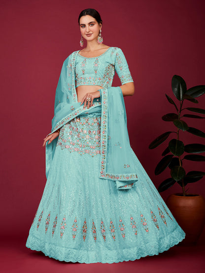 Rajwada Sky Blue Georgette Embellished Semi Stitched Lehenga With Unstitched Blouse for Women