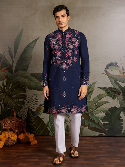 Rajwada Navy Blue Silk Blend Embroidered Stitched Kurta For Men