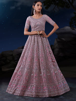 Rajwada Mauve Embroidered Soft Net Semi Stitched Lehenga With Blouse For Women