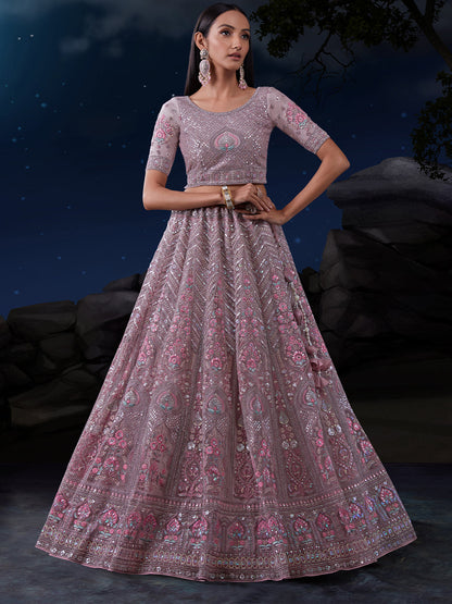 Rajwada Mauve Embroidered Soft Net Semi Stitched Lehenga With Blouse For Women