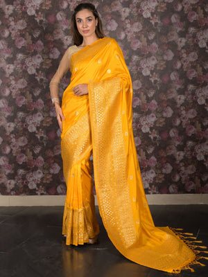 Rajwada Yellow Woven Silk Blend Saree with Unstitched Blouse for Women