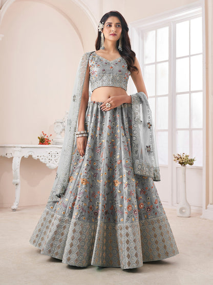 Rajwada Grey Organza Blend Embroidered Semi Stitched Lehenga With Unstitched Blouse for Women