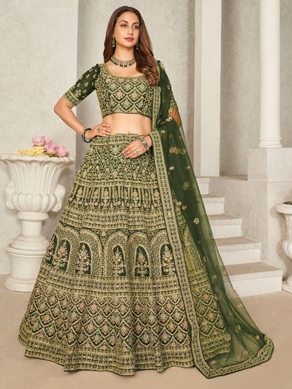 Rajwada Green Organza Blend Embroidered Semi Stitched Lehenga With Unstitched Blouse for Women
