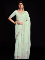 Rajwada - Sea Green Georgette Embroidered Saree with Unstitched Blouse
