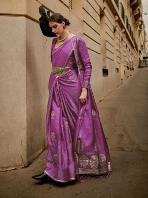 Rajwada Pink Satin Woven Saree With Unstitched Blouse For Women