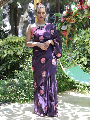 Rajwada Purple Floral Embroidered Georgette Saree with Unstitched Blouse for Women