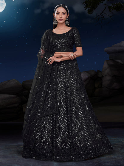 Rajwada Black Embellished Soft Net Semi Stitched Lehenga With Blouse For Women
