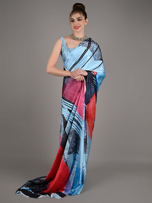 Blue Soft Crepe Digital Print Saree With Unstitched Blouse