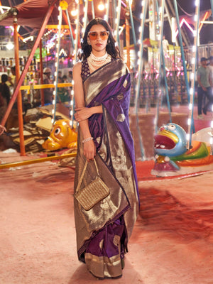 Rajwada Purple Silk Blend Woven Saree With Unstitched Blouse For Women