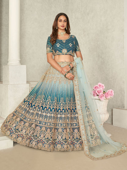 Rajwada Blue Net Embroidered Semi Stitched Lehenga With Unstitched Blouse for Women