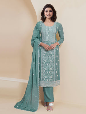 Rajwada Sky Blue Georgette Embroidered Semi-Stitched Kurta Set For Women