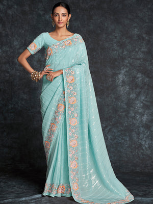Rajwada Sea Green Embroidered Georgette Saree With Unstitched Blouse For Women