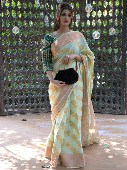 Rajwada Light Green Woven Soft Silk Saree with Unstitched Blouse for Women