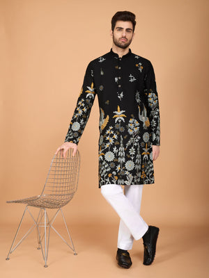 Rajwada Black Viscose Rayon Stitched Kurta For Men