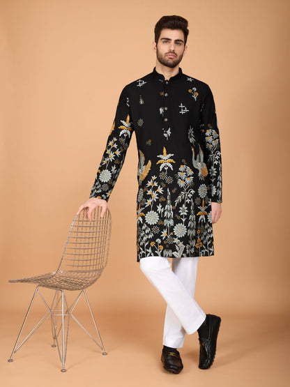 Rajwada Black Viscose Rayon Stitched Kurta For Men