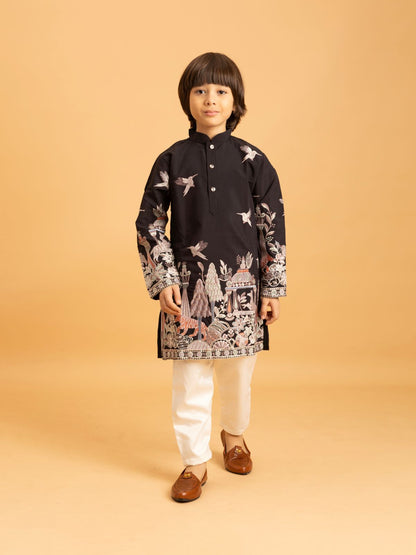Rajwada Black Viscose Silk Embroidered Kurta Set For Kids