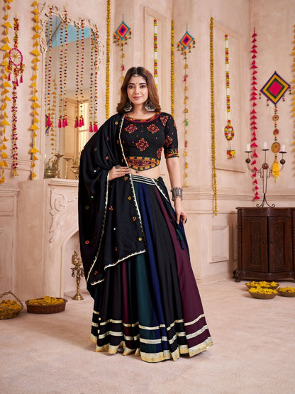 Rajwada Black Cotton Blend Solid With Golden Border Semi-Stitched Lehenga For Women