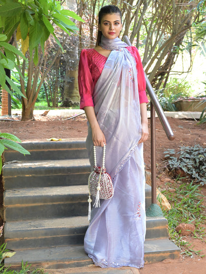 Rajwada Light Purple Mirror Work Embroidered Saree with Unstitched Blouse for Women