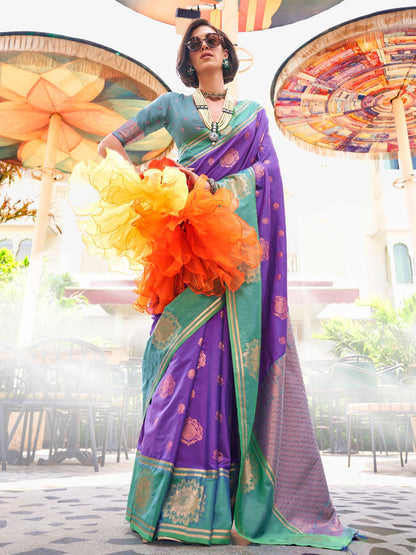 Rajwada Purple Silk Blend Woven Saree With Unstitched Blouse For Women