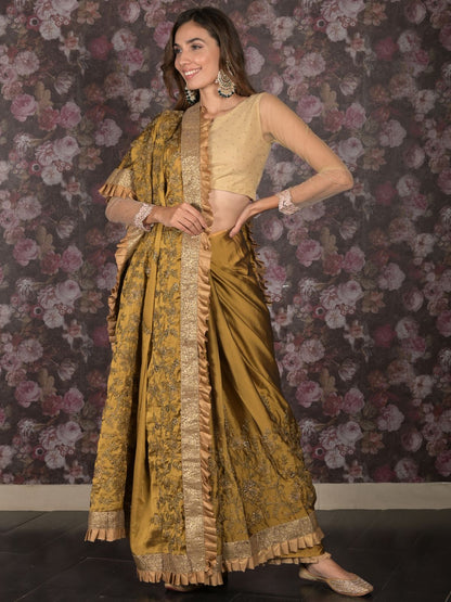 Rajwada Gold Crepe Embroidered Saree With Unstitched Blouse For Women