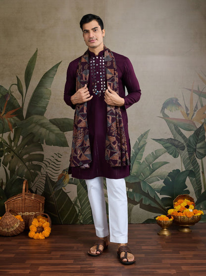 Rajwada Wine Viscose Rayon Woven Kurta For Men