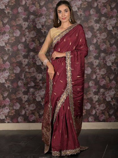 Rajwada Maroon Zari and Stone Embellished Woven Saree with Unstitched Blouse for Women
