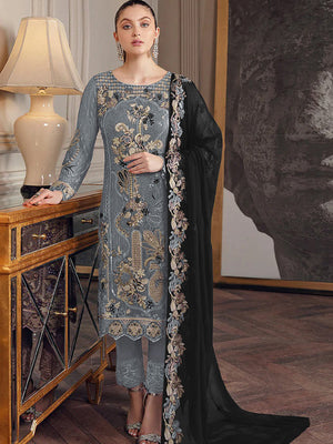 Rajwada Women Grey Embroidered Georgette Semi Stitched Salwar Suit