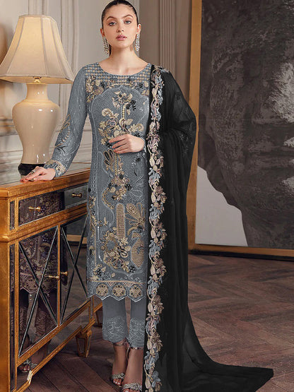 Rajwada Women Grey Embroidered Georgette Semi Stitched Salwar Suit