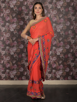 Rajwada Red Embroidered Chiffon Saree Without Blouse for Women