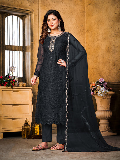 Rajwada Black Net Embroidered Semi stitched Kurta Set with Inner For Women