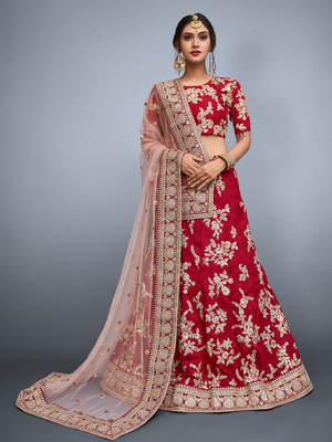 Rajwada Women Red Embroidered Semi Stitched Lehenga With Unstitched Blouse