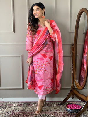 Rajwada Pink Viscose Printed Stitched Kurta Set For Women