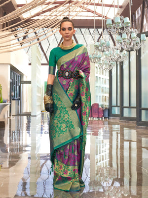Rajwada Pink Silk Blend Woven Saree With Unstitched Blouse for Women