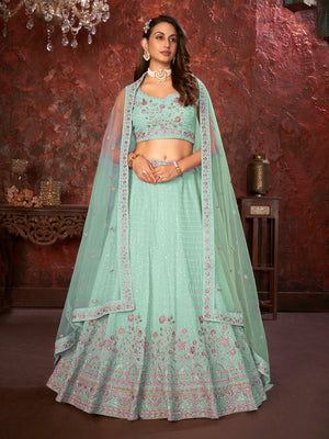Rajwada Sky Blue Georgette Embellished Semi Stitched Lehenga With Unstitched Blouse for Women