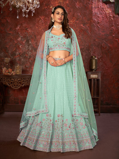 Rajwada Sky Blue Georgette Embellished Semi Stitched Lehenga With Unstitched Blouse for Women