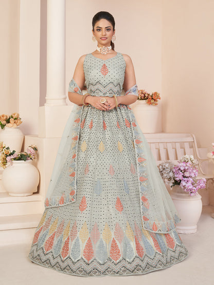 Rajwada Grey Georgette Embroidered Semi Stitched Lehenga With Unstitched Blouse for Women