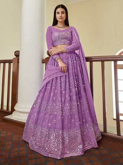 Rajwada Women Purple Georgette Semi Stitched Lehenga With Unstitched Blouse