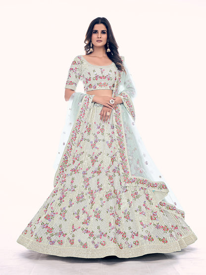 Rajwada White Embroidered Soft Net Semi Stitched Lehenga With Blouse For Women