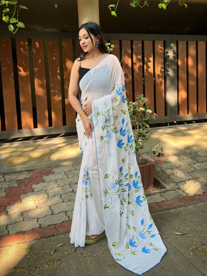 Rajwada White Georgette Printed Saree With Unstitched Blouse For Women