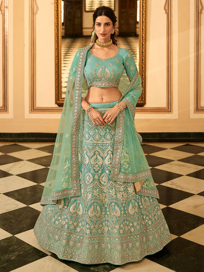 Rajwada Sea Green Embroidered Organza Semi Stitched Lehenga With Blouse For Women