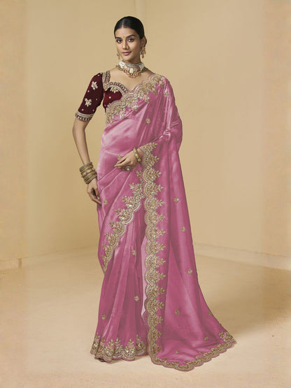 Rajwada Pink Tissue Embellished Saree For Women