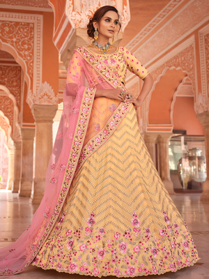 Rajwada Women Yellow Embroidered Georgette Semi Stitched Lehenga With Unstitched Blouse