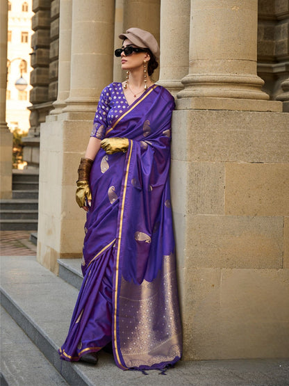 Rajwada Purple Satin Woven Saree With Unstitched Blouse For Women