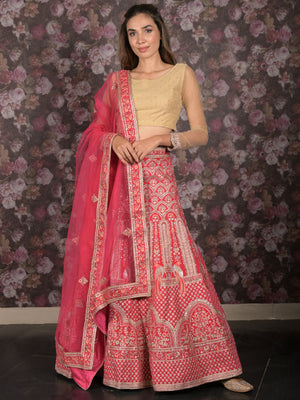 Rajwada Pink Velvet Embroidered Semi Stitched Lehenga With Unstitched Blouse For Women