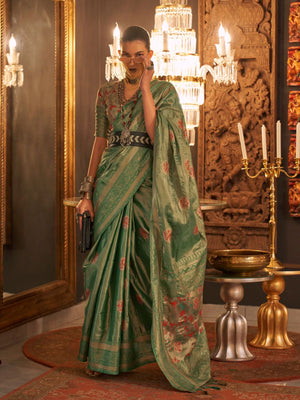 Rajwada Green Silk Blend Woven Saree With Unstitched Blouse For Women