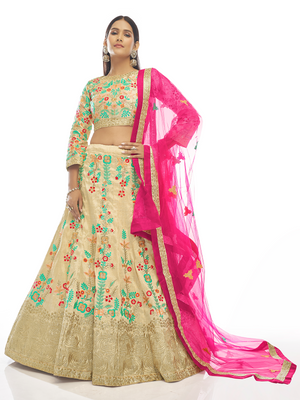 Rajwada Women Beige Embroidered Semi Stitched Lehenga With Unstitched Blouse