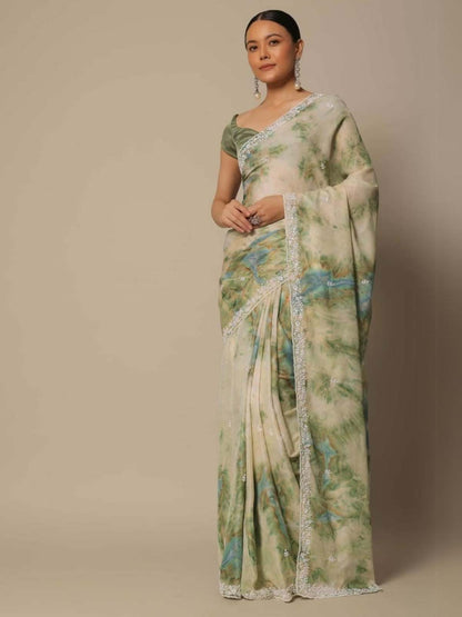 Rajwada Green Printed Georgette Saree with Unstitched Blouse for Women