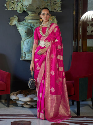 Rajwada Pink Silk Blend Woven Saree With Unstitched Blouse for Women