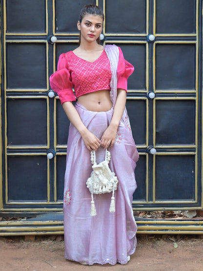 Rajwada Light Pink Mirror Work Embroidered Saree with Unstitched Blouse for Women