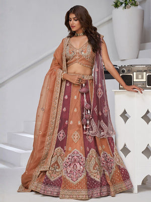 Rajwada Rust Georgette Tissue Embroidered Semi-Stitched Lehenga For Women